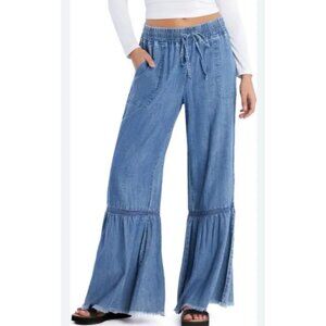 Billy T Tiered Denim Pants Large Drawstring Waist Wide Leg Boho Festival Summer